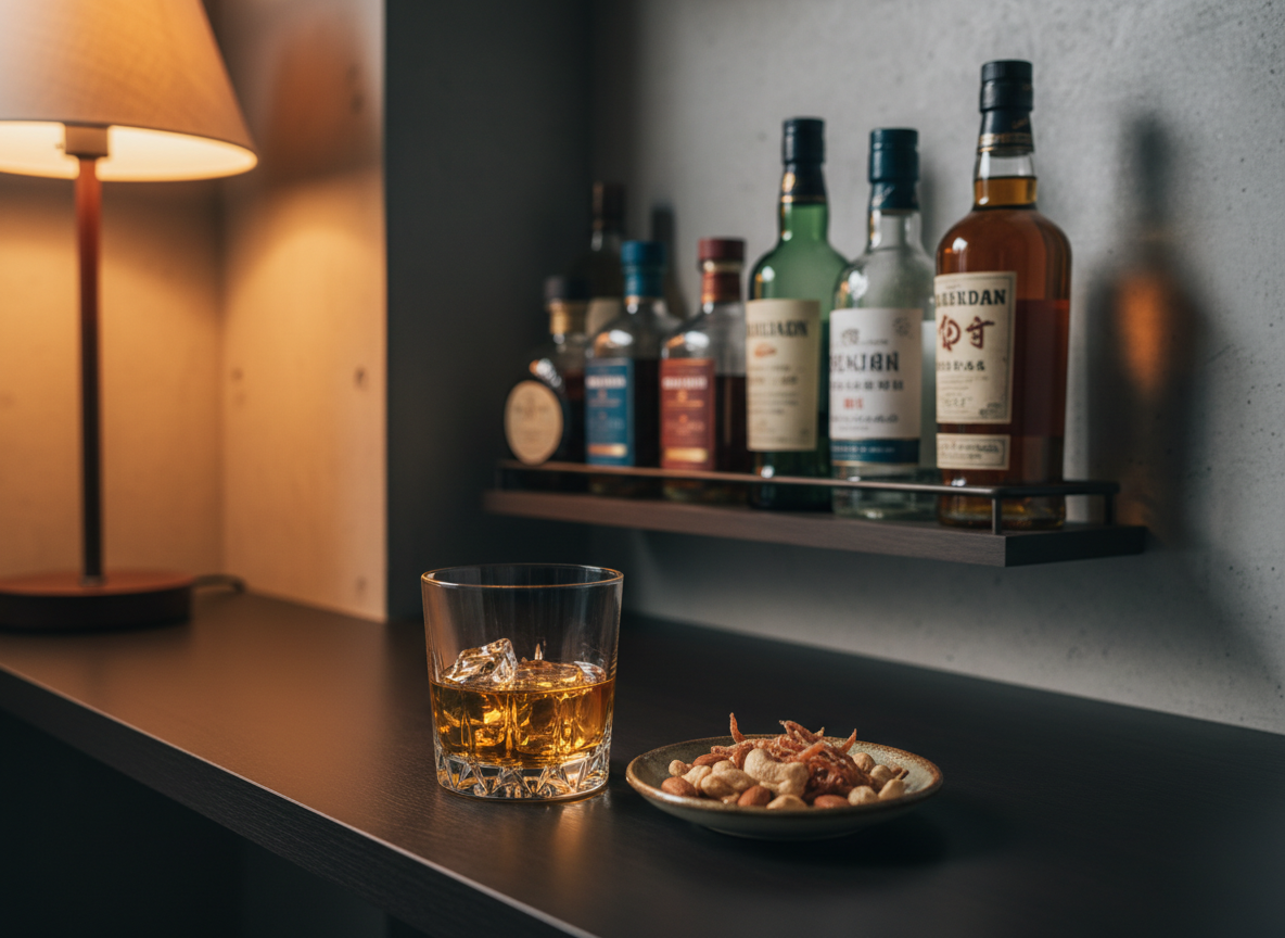 A neat home bar corner in a Japanese apartment, featuring a small dark-wood shelf lined with carefully arranged bottles of whisky, shochu, and sake, each with distinct label colors and shapes (labels subtly blurred, no readable text). In front, on a smooth counter, sits a short crystal tumbler with amber whisky on the rocks, ice catching the warm light. A simple ceramic dish holds mixed nuts and dried squid as otsumami. The scene is lit by a single warm-toned desk lamp, creating pockets of light and rich shadows that feel like late evening. Shot at a three-quarter angle with moderate depth of field, keeping the glass and nearby snacks sharp while the back bottles soften. Photographic realism with a calm, organized, professional mood.