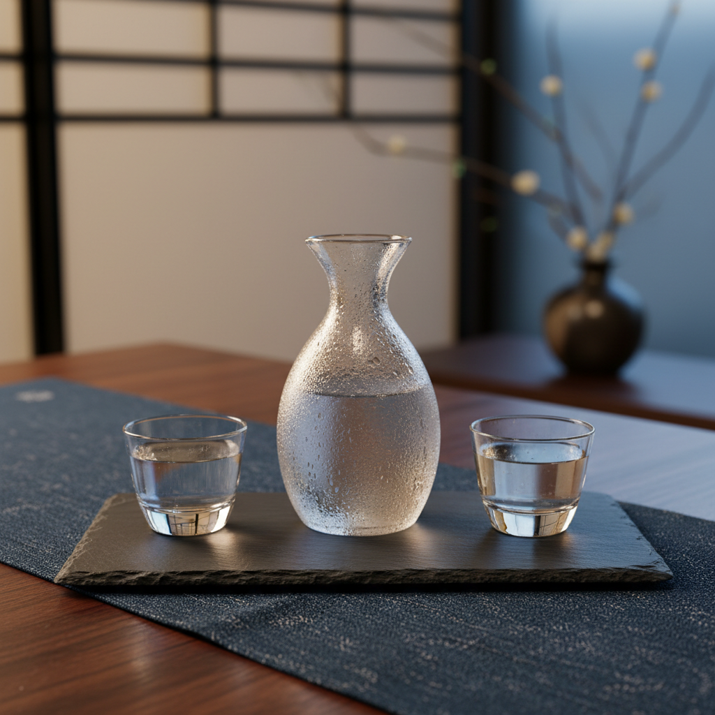 An elegant close-up of a chilled sake set on a dark slate tray: a frosted glass tokkuri with delicate condensation beads on its surface, and two small ochoko cups filled with clear, shimmering sake. The tray rests on a textured indigo tenugui cloth laid across a low wooden table. In the softly blurred background, a paper shoji screen and a minimal ikebana flower arrangement hint at a traditional Japanese living room. Illuminated by warm, low evening lamp light mixed with the last faint blue of twilight from a nearby window, the scene feels intimate and contemplative. Captured from a slightly elevated angle with a shallow depth of field, emphasizing the glass textures and reflections. Photographic realism with a serene, authentic Japanese drinking atmosphere.