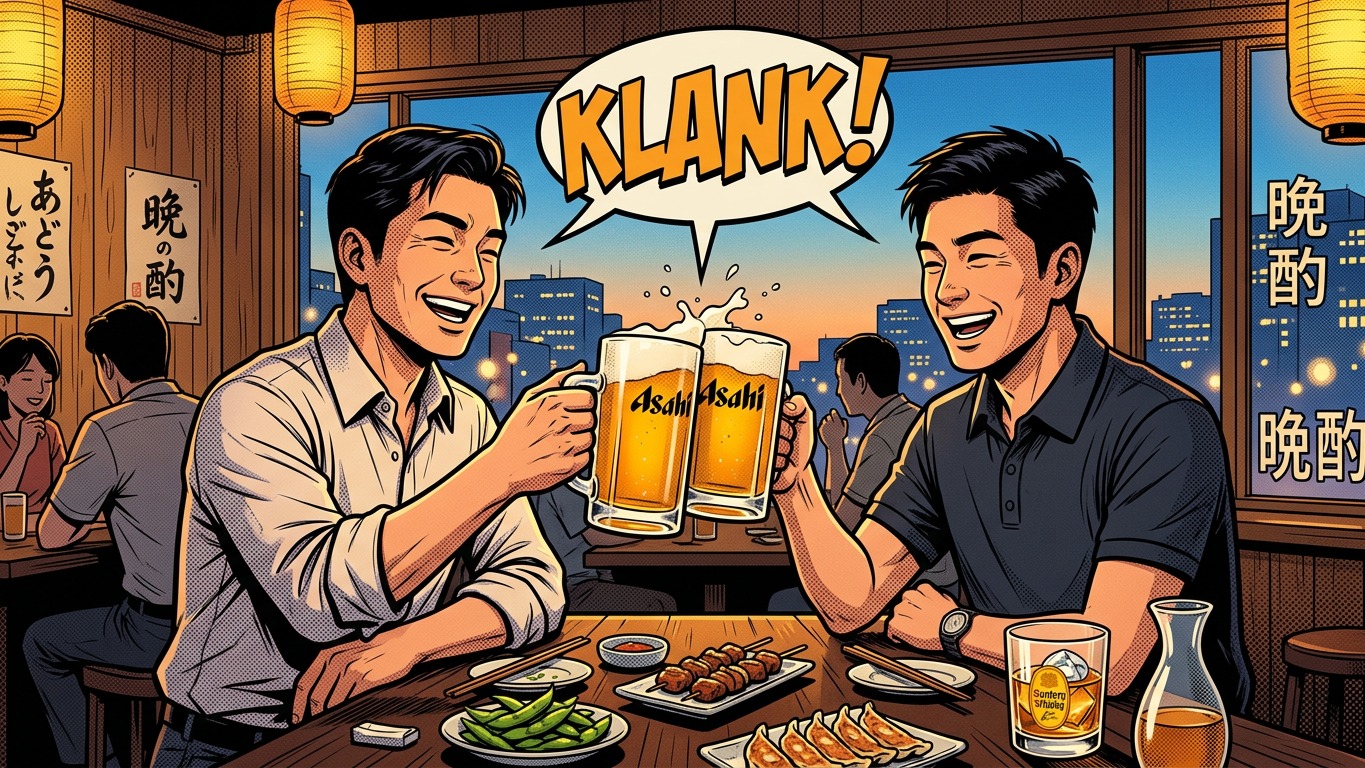 Evening Cheers in Japanese Izakaya Two friends clinking Asahi beer mugs over a table with Japanese dishes in a warm izakaya setting